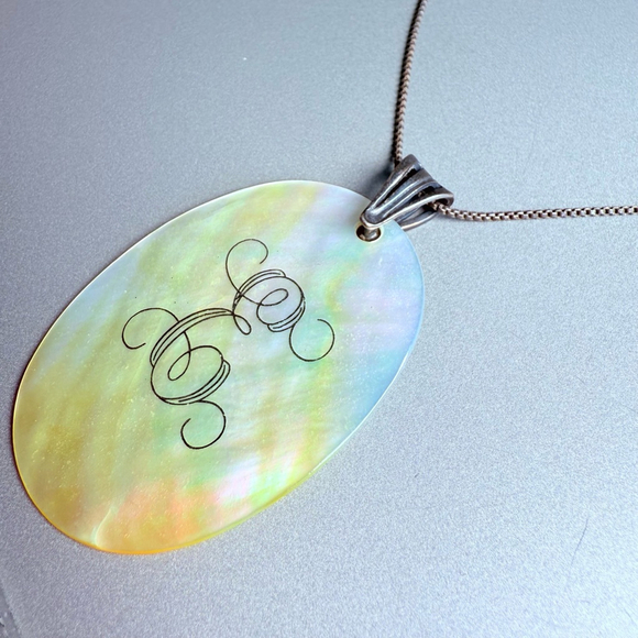 MOP Shell Pendant Initial E Letter Monogram Sterling Silver BIG Pendant Necklace - Picture 5 of 6